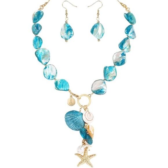 Turquoise Seashell Charm Necklace and Earrings Set – Boho Beach Jewelry - Picture 1 of 5